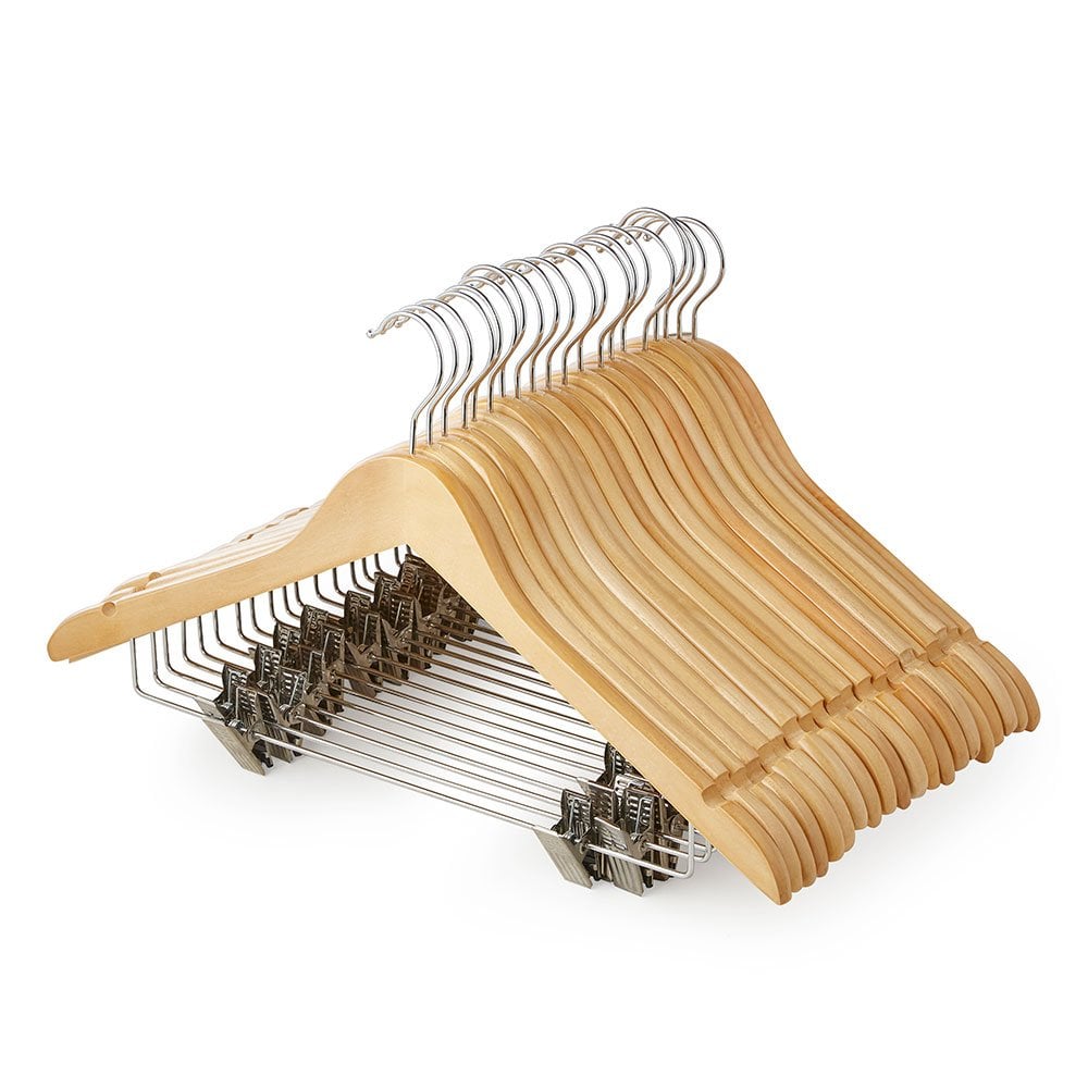 Shaped Wooden Hangers with Clips and Shoulder Notches - 45 cm