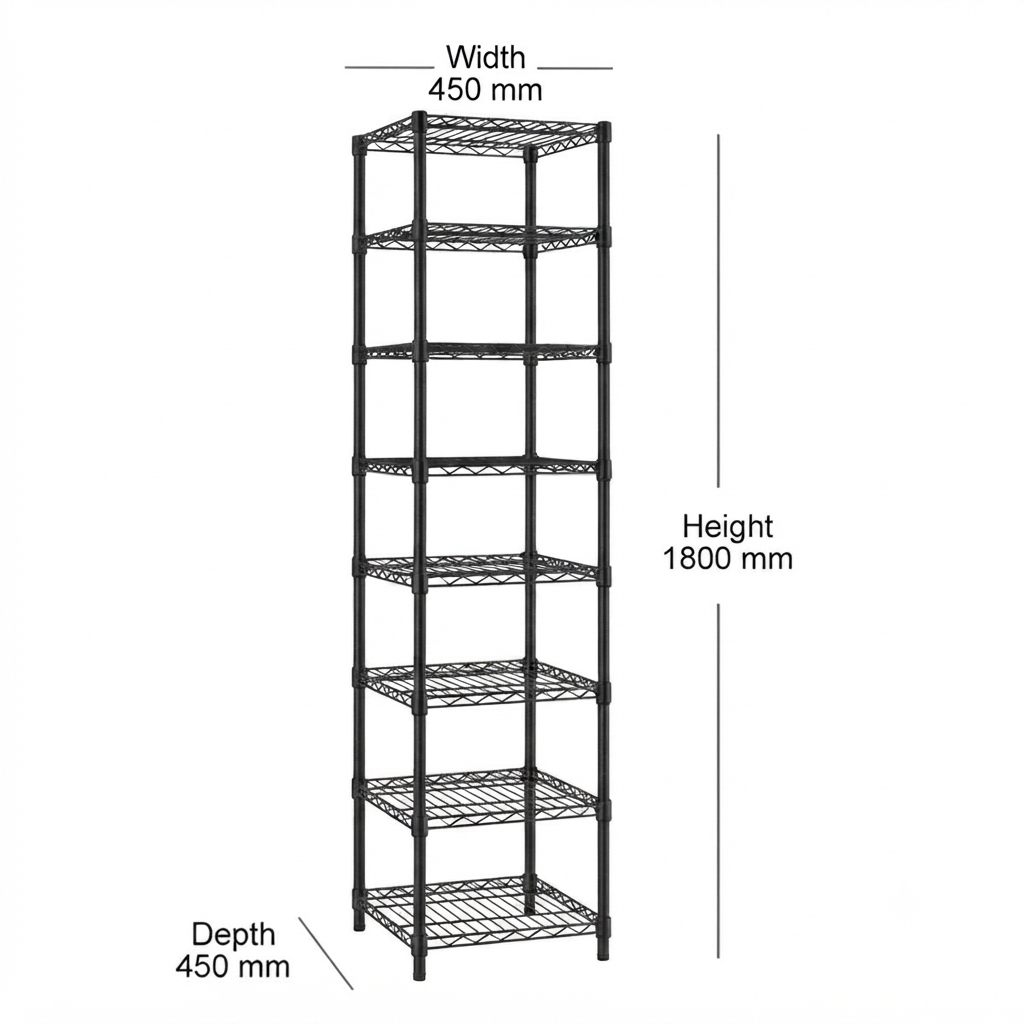 8 Tier Square Black Wire Shelving Unit - W450 x D450mm