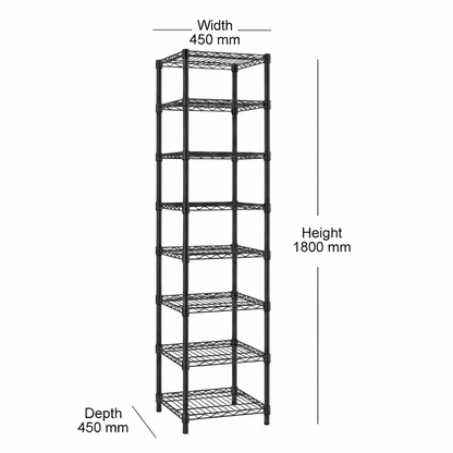 8 Tier Square Black Wire Shelving Unit - W450 x D450mm