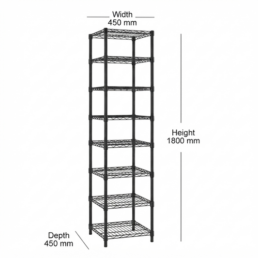 8 Tier Square Black Wire Shelving Unit - W450 x D450mm