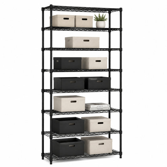8 Tier Narrow Black Wire Shelving Unit - D350mm
