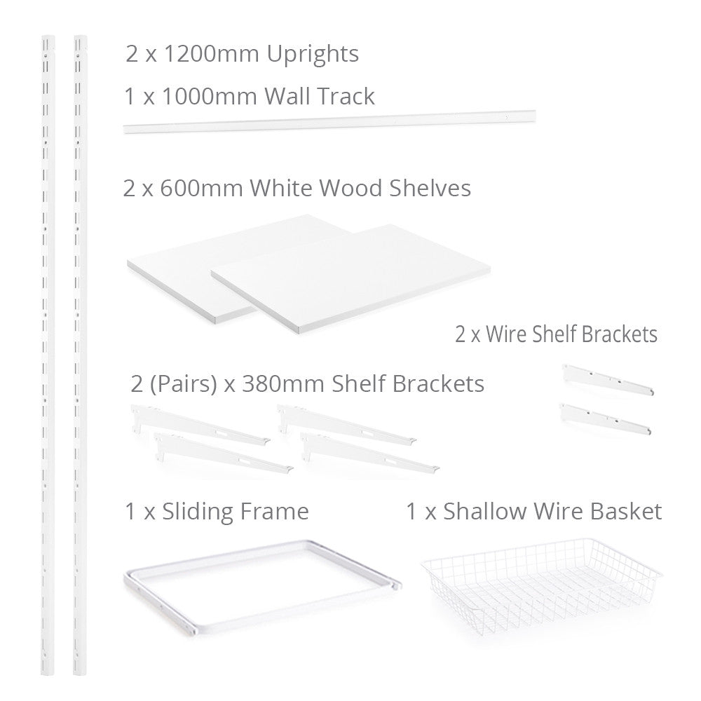 Flexx White Wooden 2 Shelf System with Basket- H1200mm
