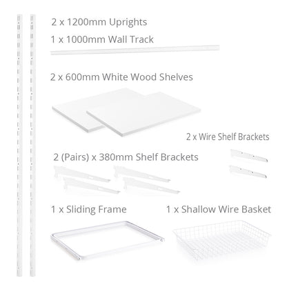 Flexx White Wooden 2 Shelf System with Basket- H1200mm
