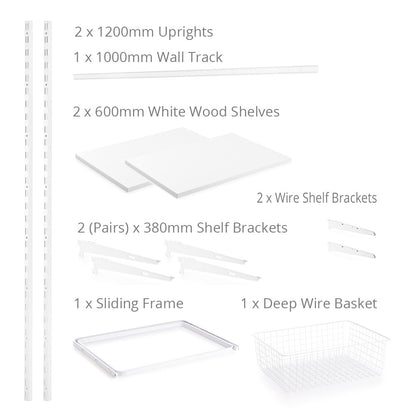 Flexx White Wooden 2 Shelf System with Basket- H1200mm