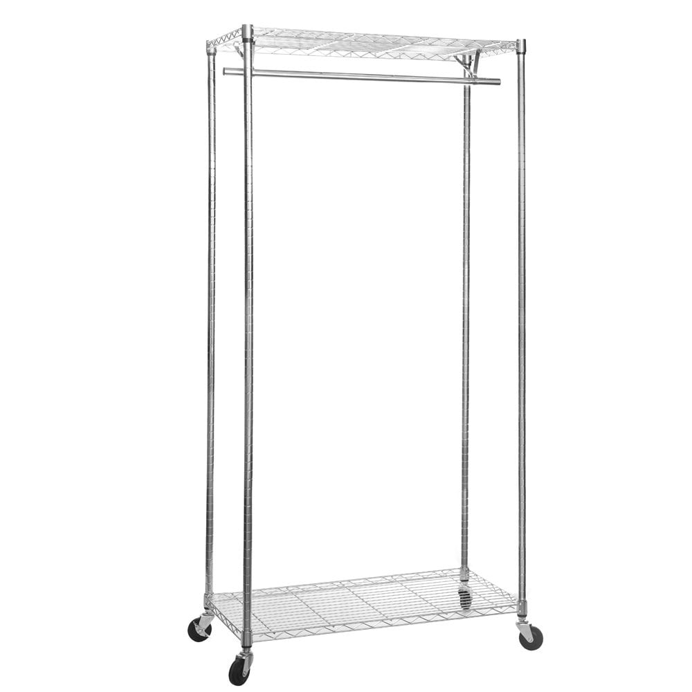 Chrome Wire Clothes Rack with Wheels - 1 x Rail & 2 x Shelves - H1875 x D450mm