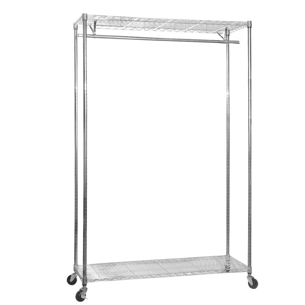 Chrome Wire Clothes Rack with Wheels - 1 x Rail & 2 x Shelves - H1875 x D450mm