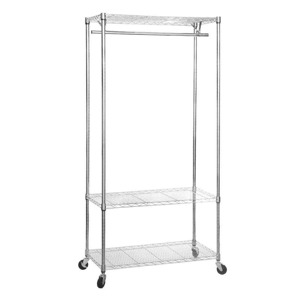 Chrome Wire Clothes Rack with Wheels - 1 x Rail & 3 x Shelves - H1875 x D450mm