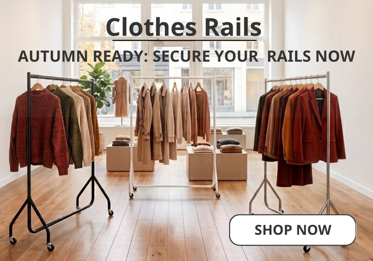Three clothing racks displaying autumn-coloured garments in a bright, modern boutique shop setting. Prominent text reads 'Clothes Rails' and 'AUTUMN READY: SECURE YOUR RAILS NOW', with a 'SHOP NOW' button in the lower right.