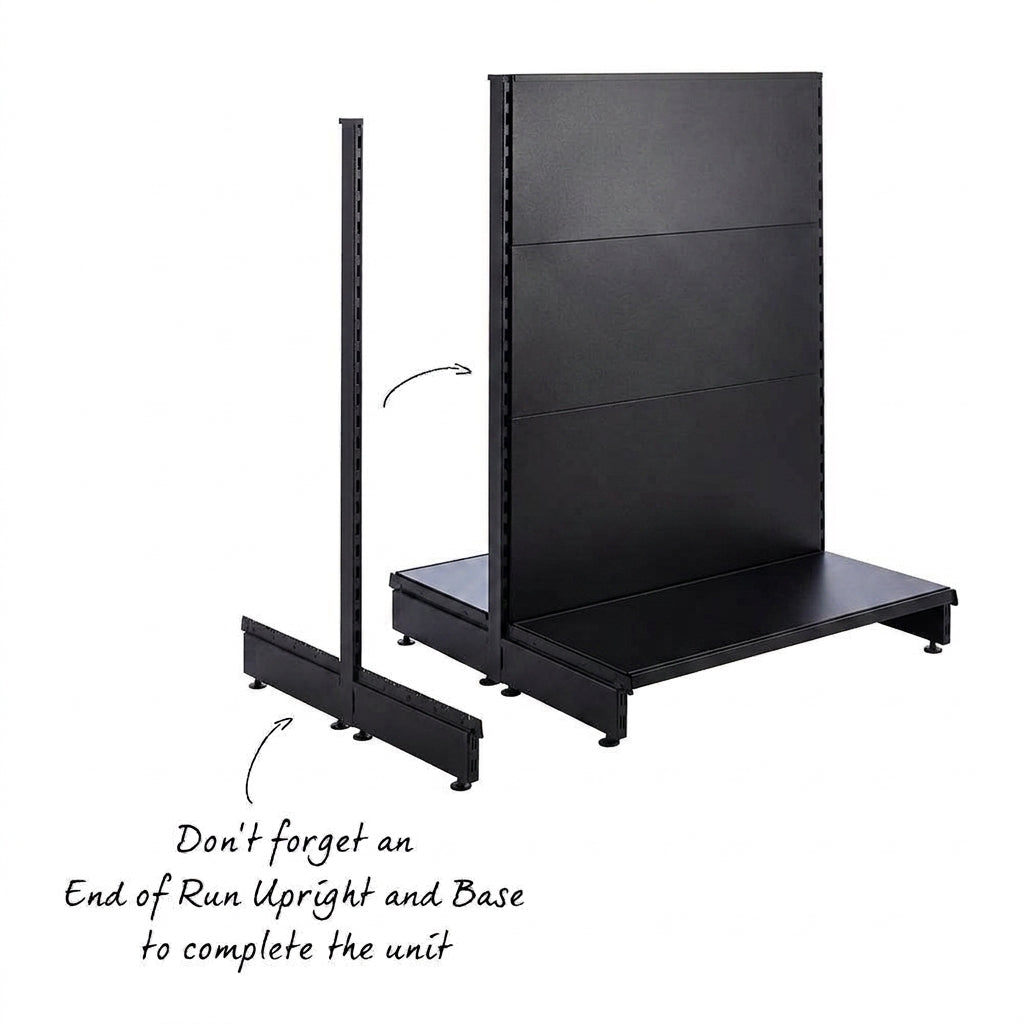 Black Modular Gondola Unit - Perforated Back Panels, Euro Hooks, Tickets Holders