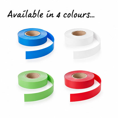 Four rolls of tape in blue, white, green, and red, arranged in a 2x2 grid on a white background with the text 'Available in 4 colours.