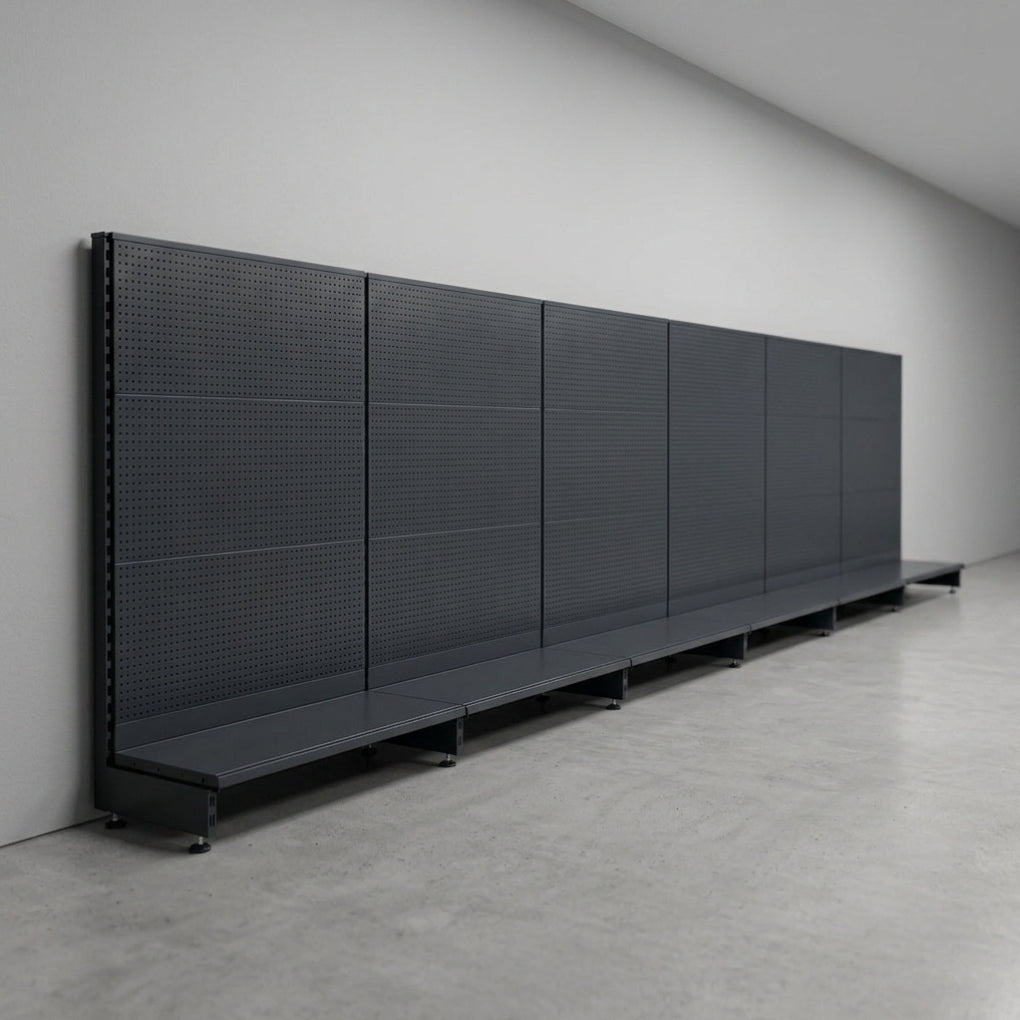 Dark Grey Retail Shelving 1400mm High Modular Gondola Unit with Perforated Back Panels