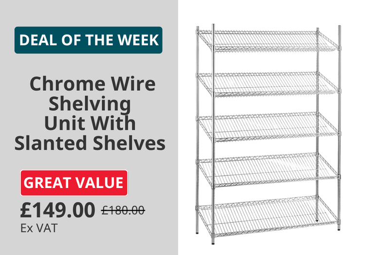 A five-tier chrome wire shelving unit with slanted shelves, 'Deal of the Week' for £149.00.