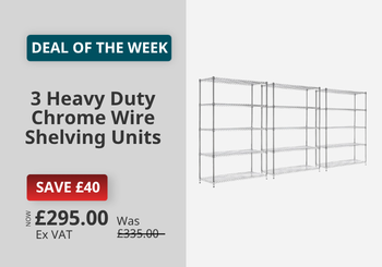 Promotional graphic for three heavy duty chrome wire shelving units, showing a side view of the metal shelving unit on the right and sale text on the left.