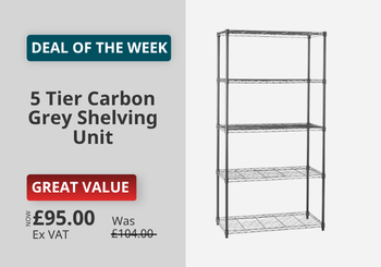 A 5-tier wire shelving unit in grey, shown on the right side of a promotional graphic with text highlighting a 'Deal of the Week' and pricing.
