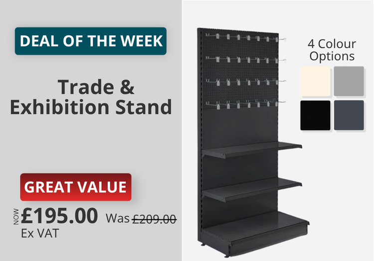 Black metal exhibition stand with three shelves and pegboard back panel, shown on a light gray promotional background with sale text and color options.