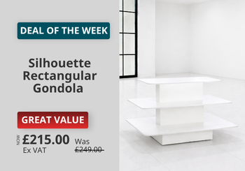 A promotional graphic for a white silhouetted rectangular display gondola stand. The left side contains sale text reading 'DEAL OF THE WEEK', 'Silhouette Rectangular Gondola', and pricing, while the right side shows a clean white studio-like room with the stand placed against a white wall and window.