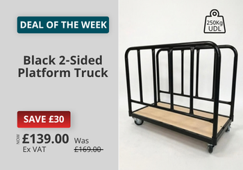 Black 2-sided platform truck with a wooden deck and metal frame, shown on a white background with promotional text and price details.