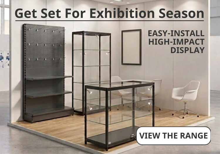 A showroom-style promotional image showing Skyline display towers, Etail Shelving trade stand, and snap frame. in an exhibition stand setting with text reading 'Get Set For Exhibition Season,' 'EASY-INSTALL HIGH-IMPACT DISPLAY,' and 'VIEW THE RANGE.'.
