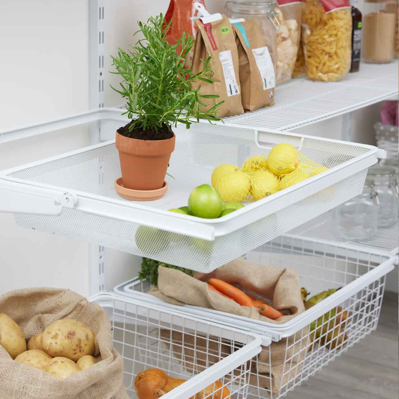 Flexx White Wire 4 Shelf System with Wire Mesh Basket- H2100mm
