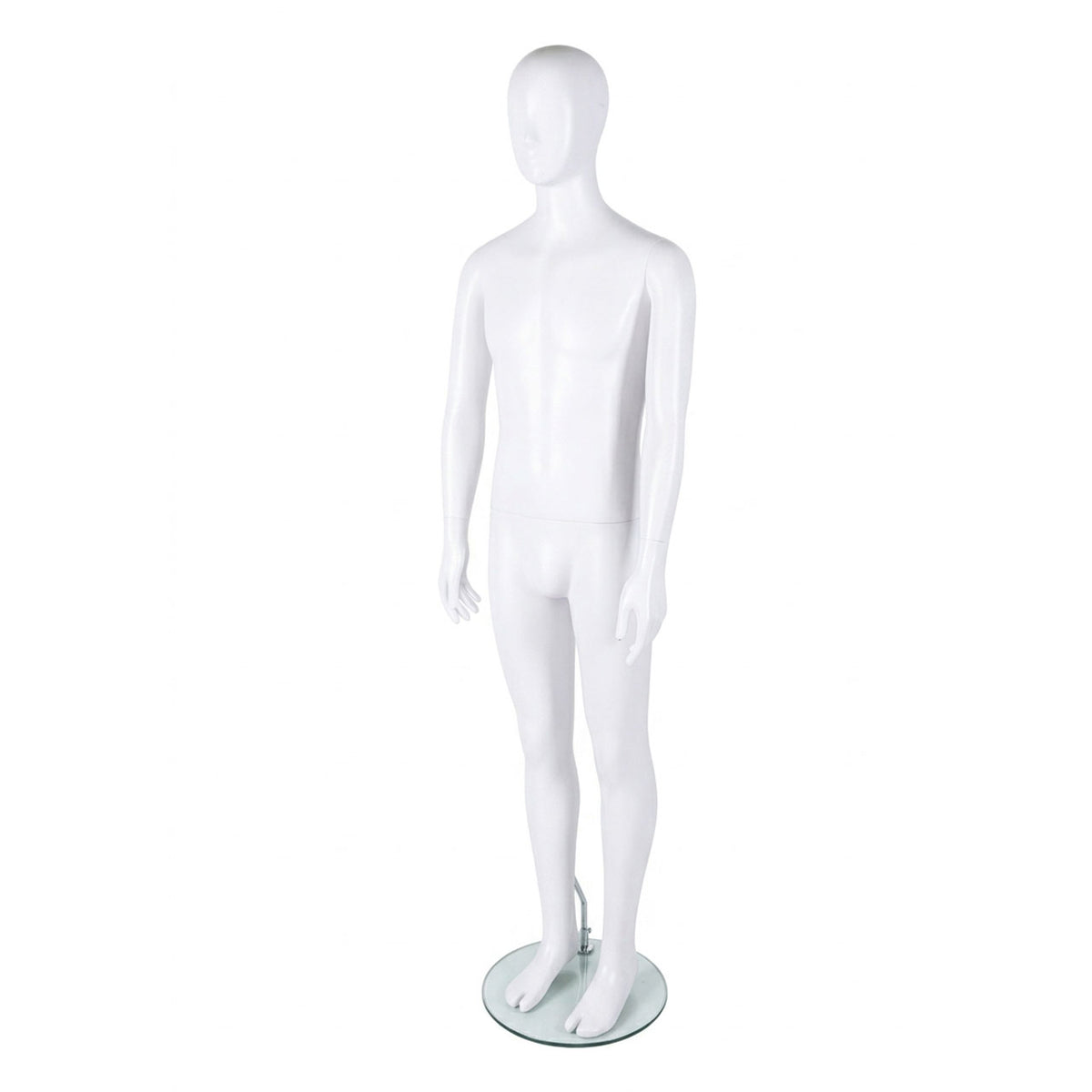 A white glossy mannequin figure with a realistic human shape, standing on a round clear glass base against a plain white background.