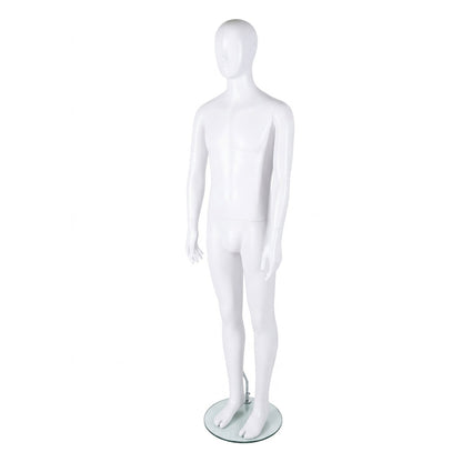A white glossy mannequin figure with a realistic human shape, standing on a round clear glass base against a plain white background.