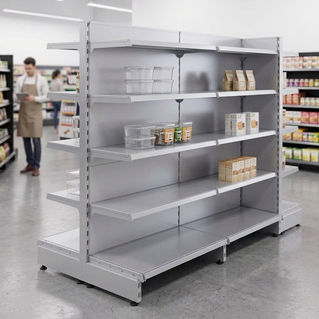 Silver Retail Shelving Modular Gondola Unit - 8 x 370mm Shelves - H1400mm