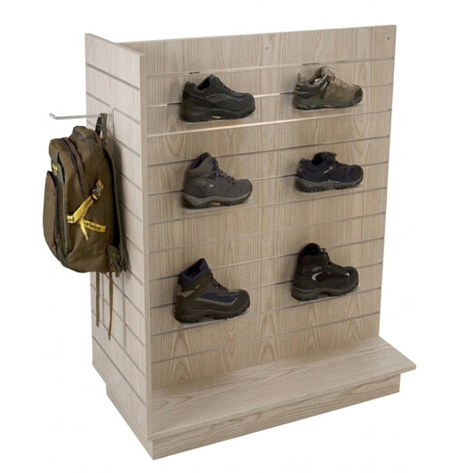 Rustic Oak Slatwall Gondola T' shape with Aluminium Inserts - Aura Range - H1300 x D600mm
