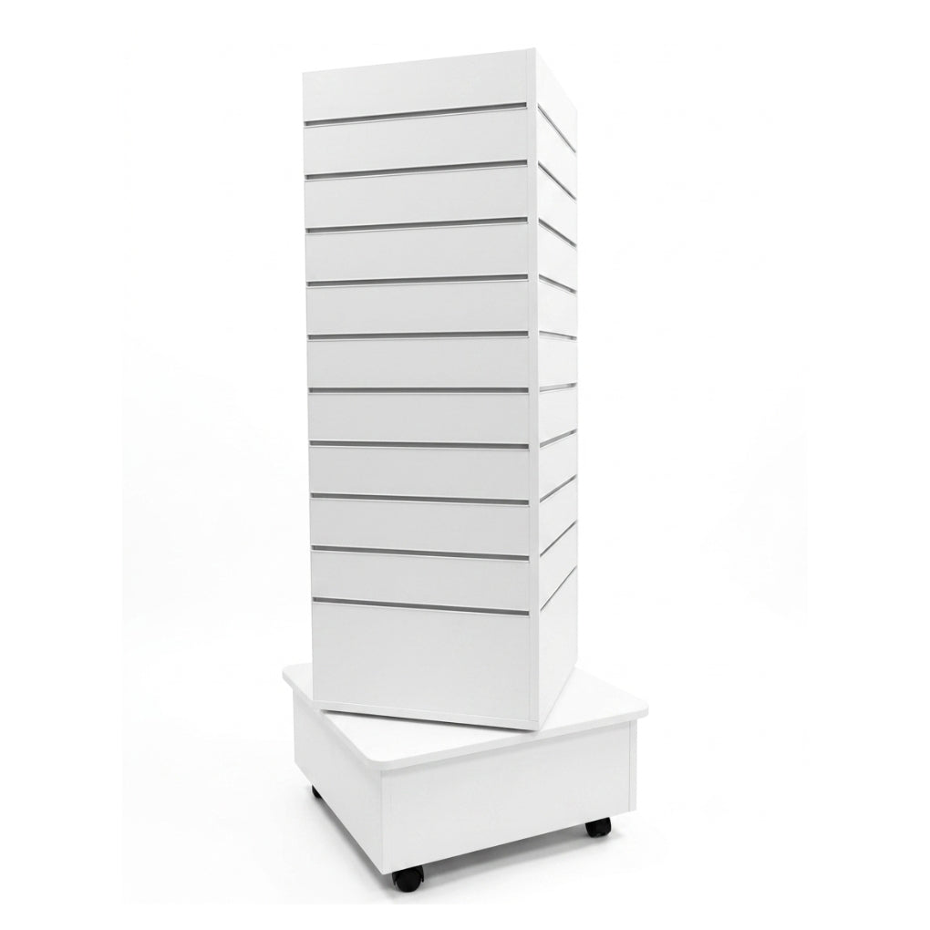 A tall white slat-front storage cabinet or display unit with multiple drawers or doors, shown stacked on a matching white base with small black caster wheels, photographed on a clean white background.