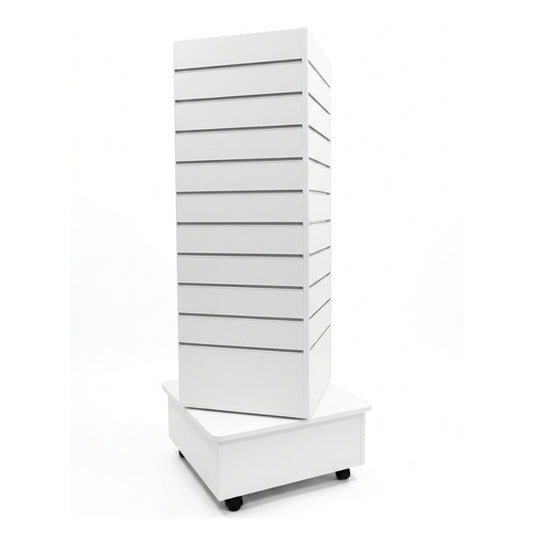 A tall white slat-front storage cabinet or display unit with multiple drawers or doors, shown stacked on a matching white base with small black caster wheels, photographed on a clean white background.