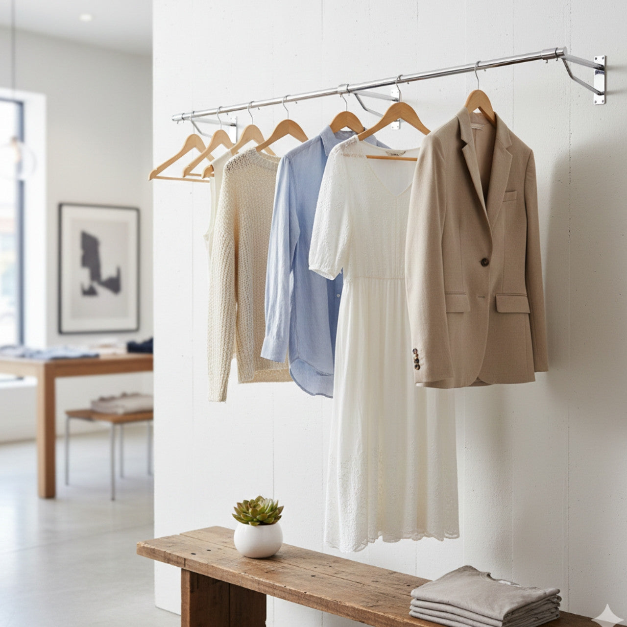 2m Heavy Duty Wall-Mounted Hanging Clothes Rail with 3 Support Arms
