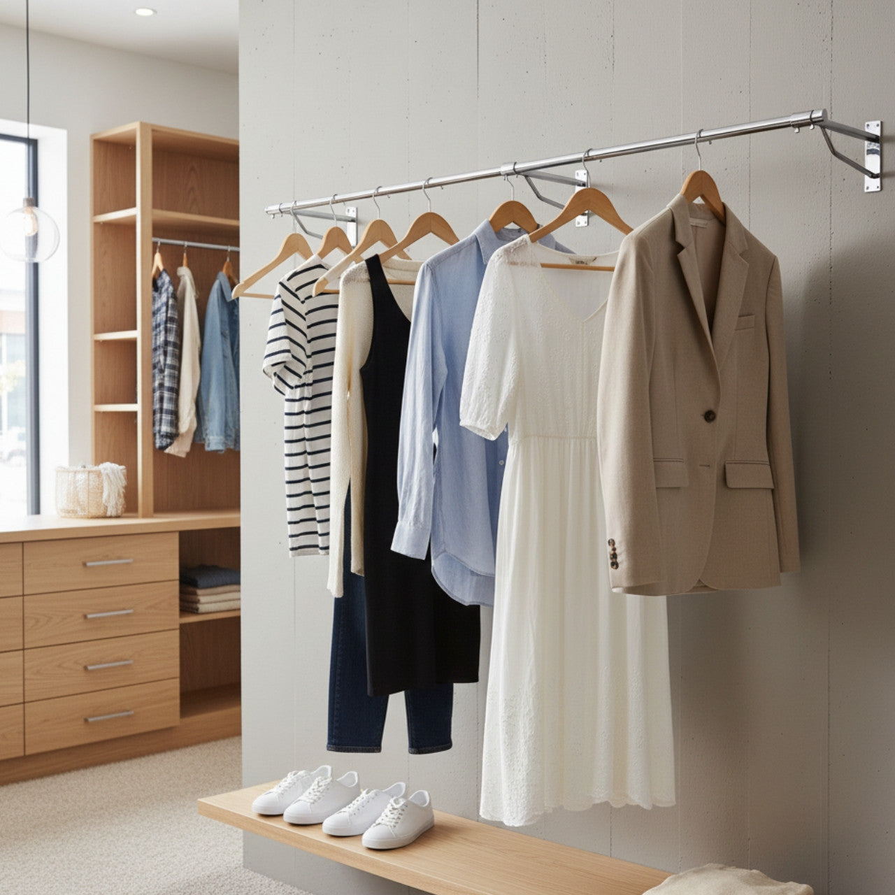 2m Heavy Duty Wall-Mounted Hanging Clothes Rail with 3 Support Arms