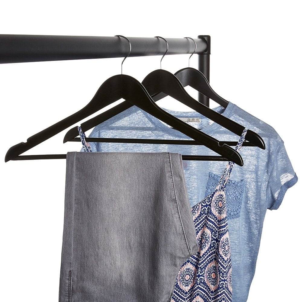 Matt Black Wooden Hangers with Trouser Bar and Shoulder Notches - 45 cm