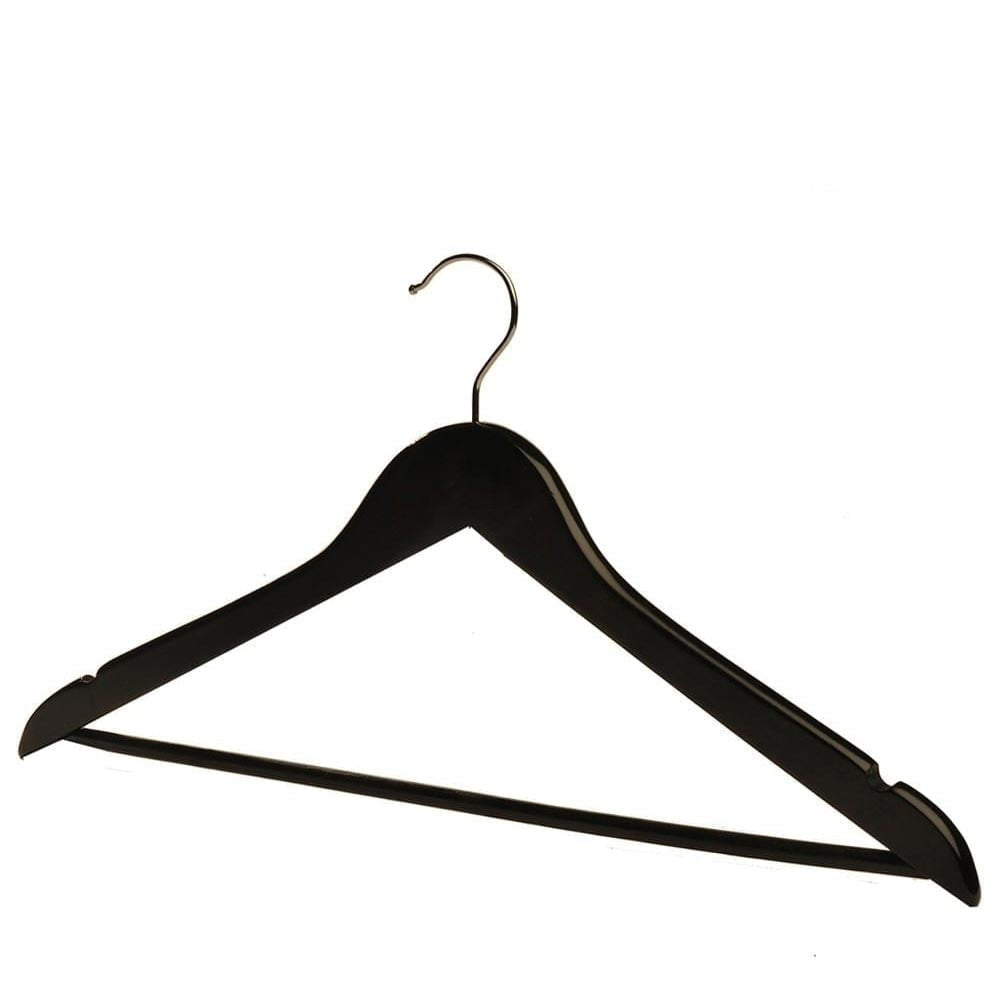 Matt Black Wooden Hangers with Trouser Bar and Shoulder Notches - 45 cm