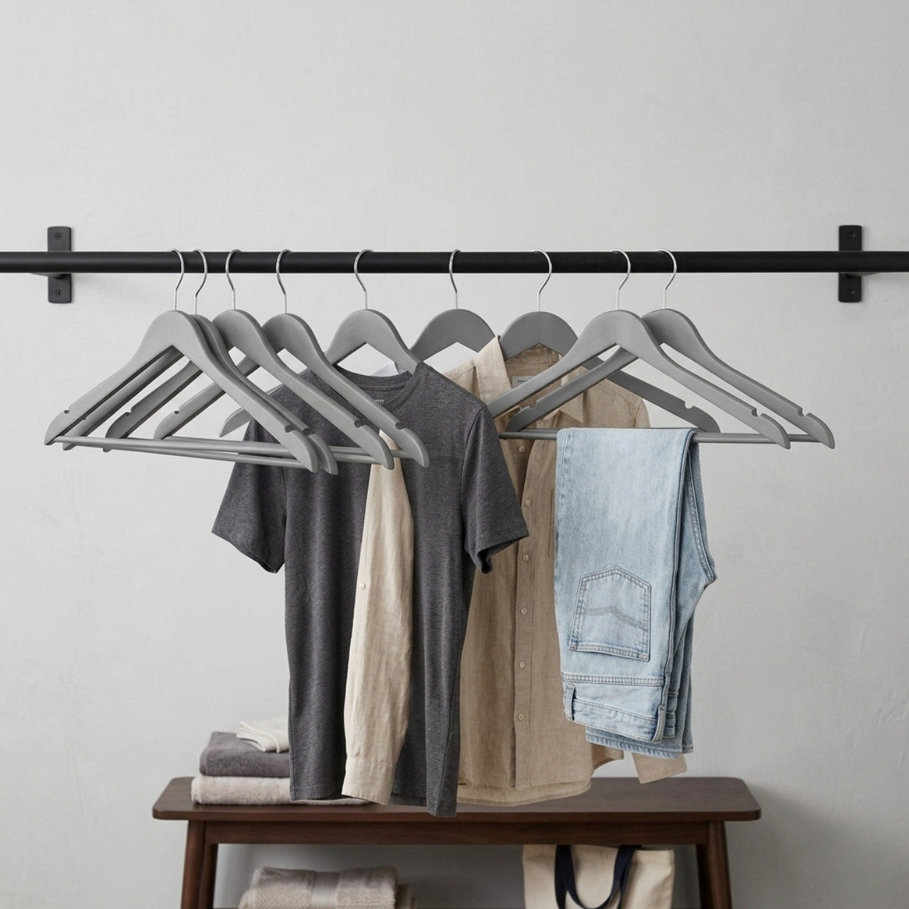 Matt Grey Wooden Hangers with Trouser Bar and Shoulder Notches - 45 cm