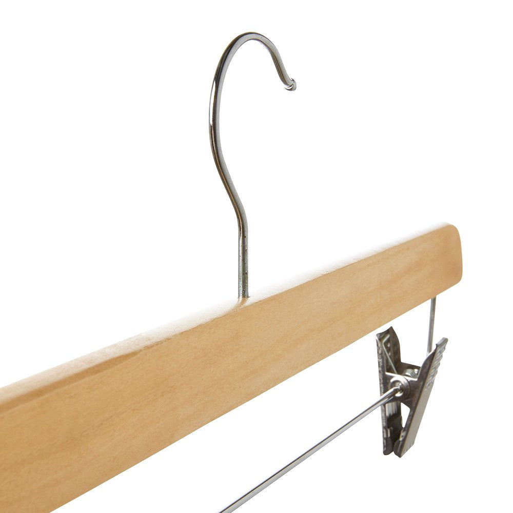 Straight Wooden Clothes Hangers with Soft-Grip Chrome Clips - 35.5 cm