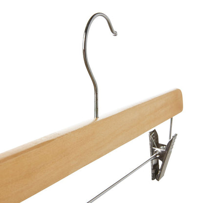 Straight Wooden Clothes Hangers with Soft-Grip Chrome Clips - 35.5 cm