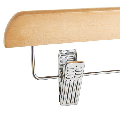 Straight Wooden Clothes Hangers with Soft-Grip Chrome Clips - 35.5 cm