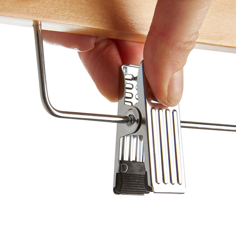 Straight Wooden Clothes Hangers with Soft-Grip Chrome Clips - 35.5 cm