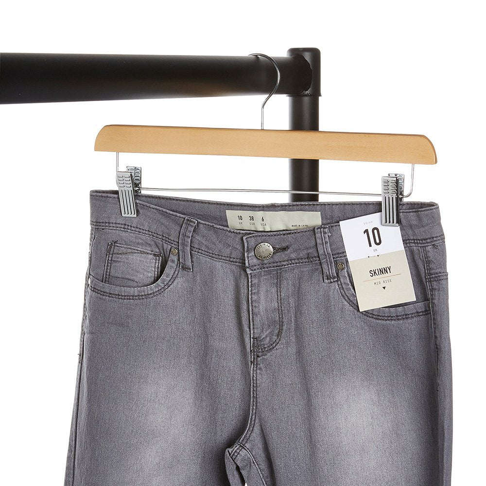 Straight Wooden Clothes Hangers with Soft-Grip Chrome Clips - 35.5 cm