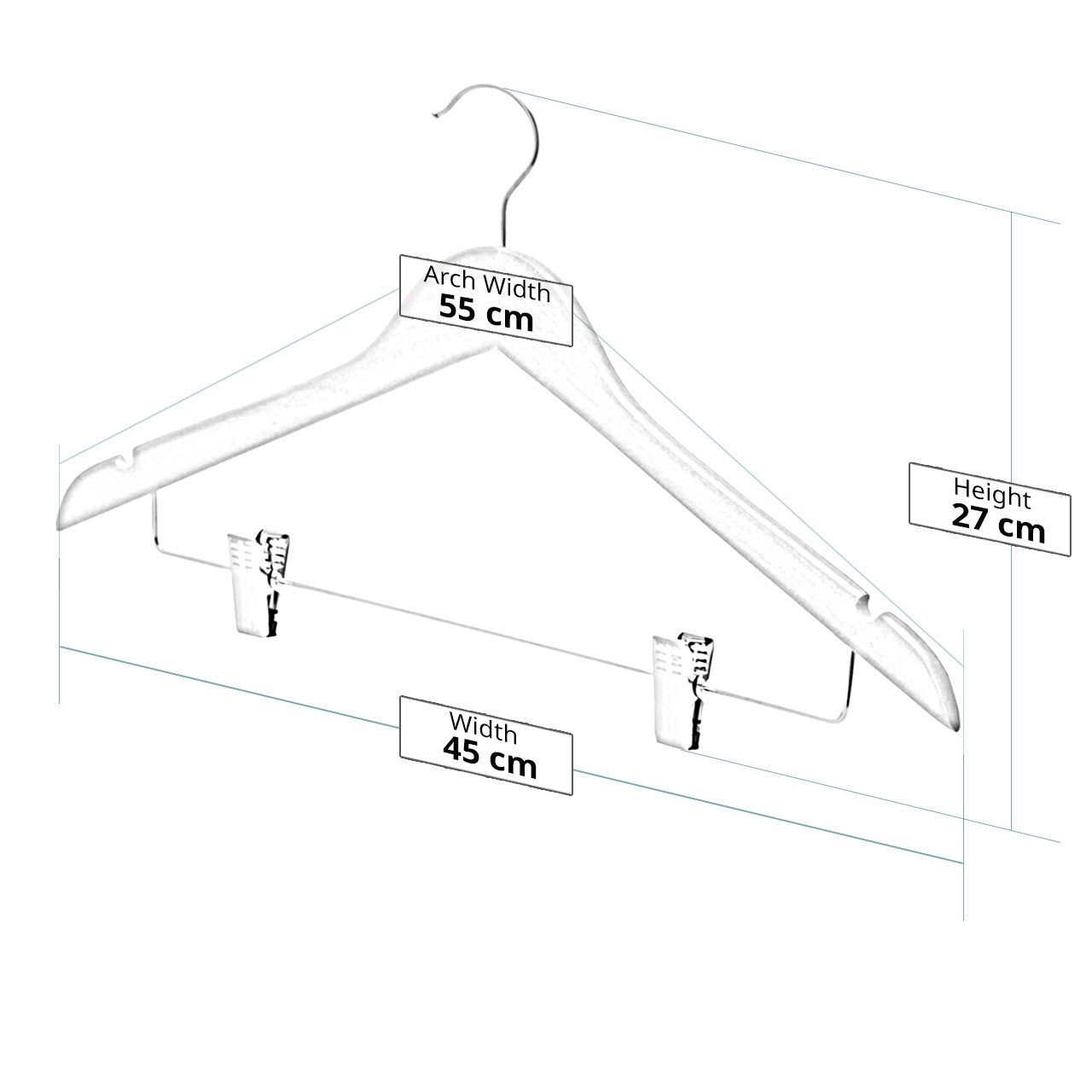 Shaped Wooden Hangers with Clips and Shoulder Notches - 45 cm