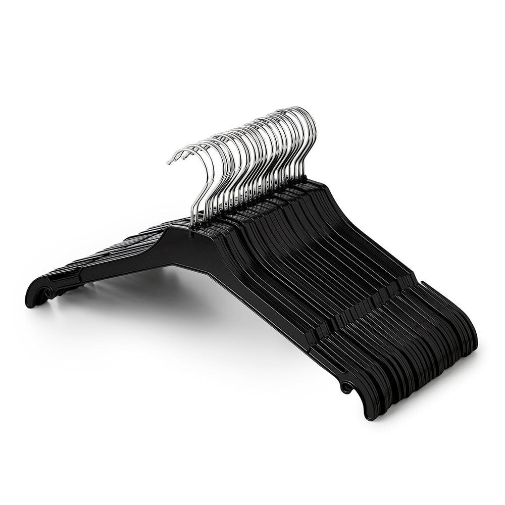 Black Plastic Clothes Hangers with Shoulder Notches and Drop Hooks - 42 cm