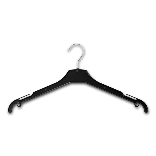 Black Plastic Clothes Hangers with Shoulder Notches and Drop Hooks - 42 cm