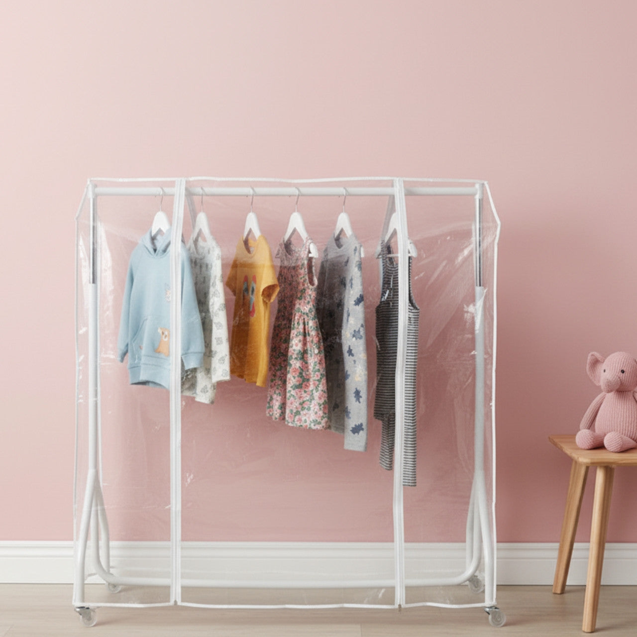 White 4ft Wide Children's Heavy-Duty Clothes Rail With Clear Cover