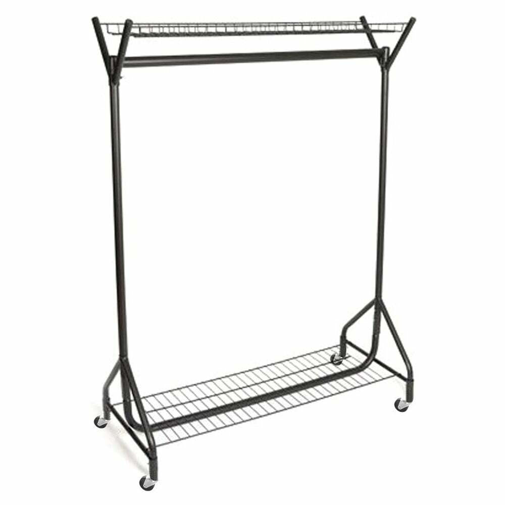 Black Heavy-Duty Clothes Rail With Top and Bottom Shelf