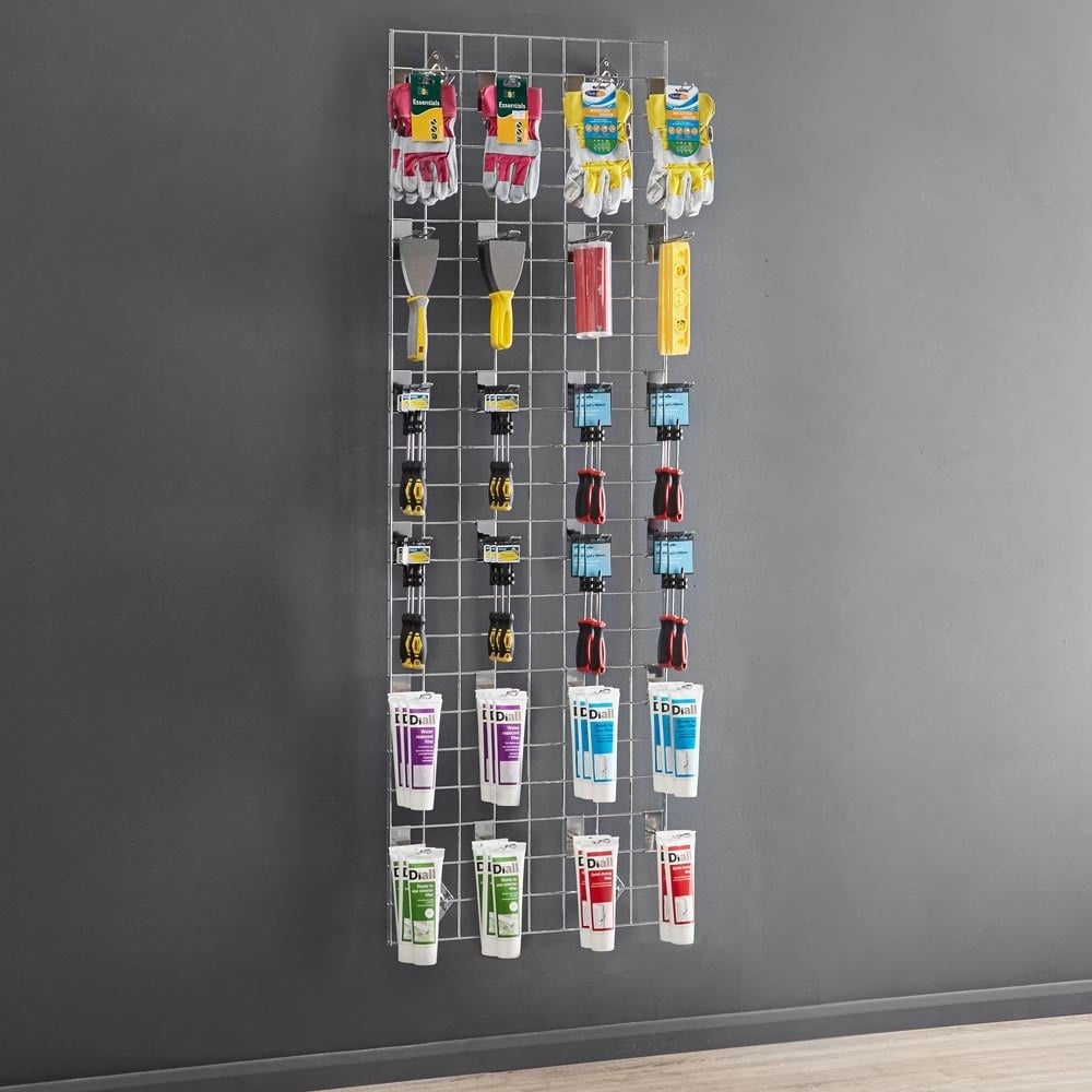 Chrome 6ft Wall-Mounted Grid Mesh Display Bundle with 24 x Euro Hooks