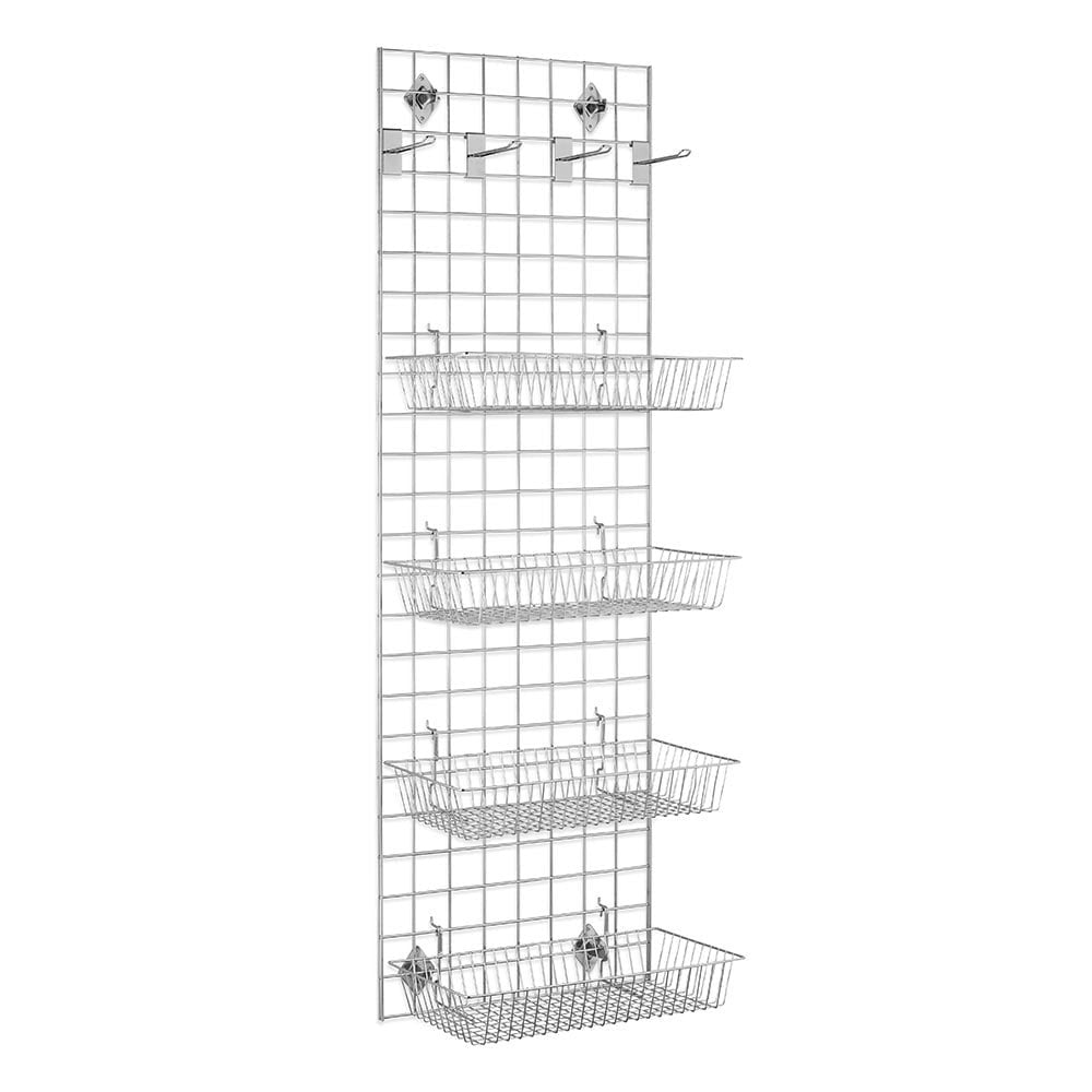 6ft Wall-Mounted Grid Mesh Display Bundle with 4 x Wire Baskets, 4 x Euro Hooks