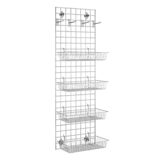 6ft Wall-Mounted Grid Mesh Display Bundle with 4 x Wire Baskets, 4 x Euro Hooks