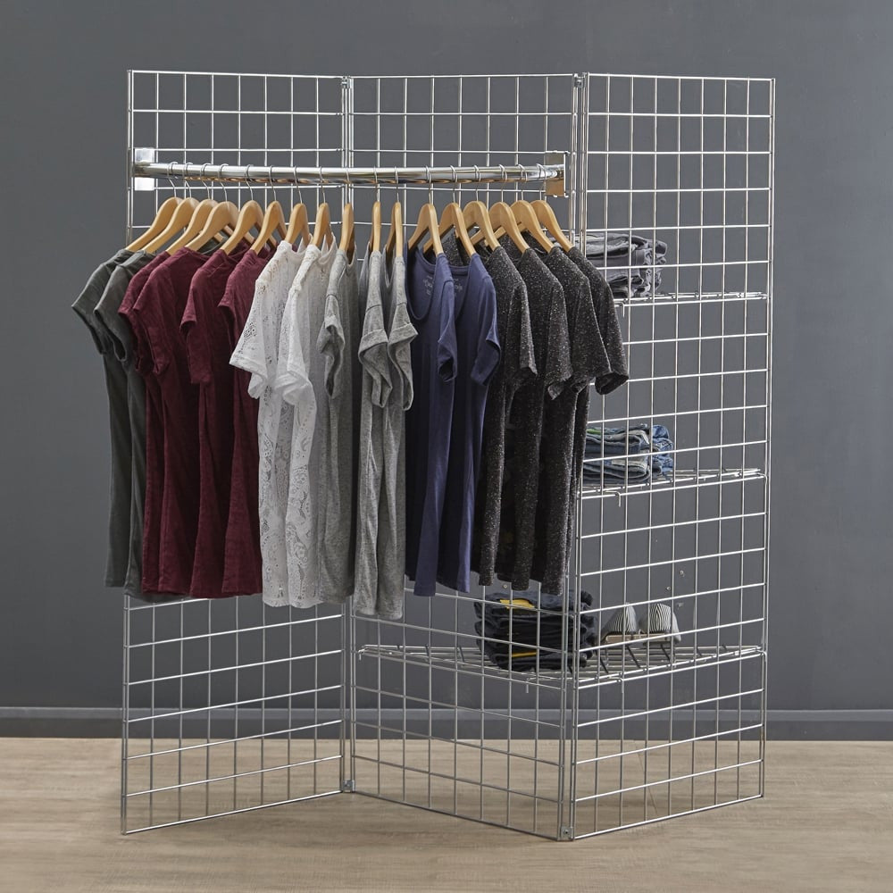 5ft Freestanding Grid Mesh Display Bundle - 3 x Panels, 1 x Hanging Rails, 3 x Wire Shelves
