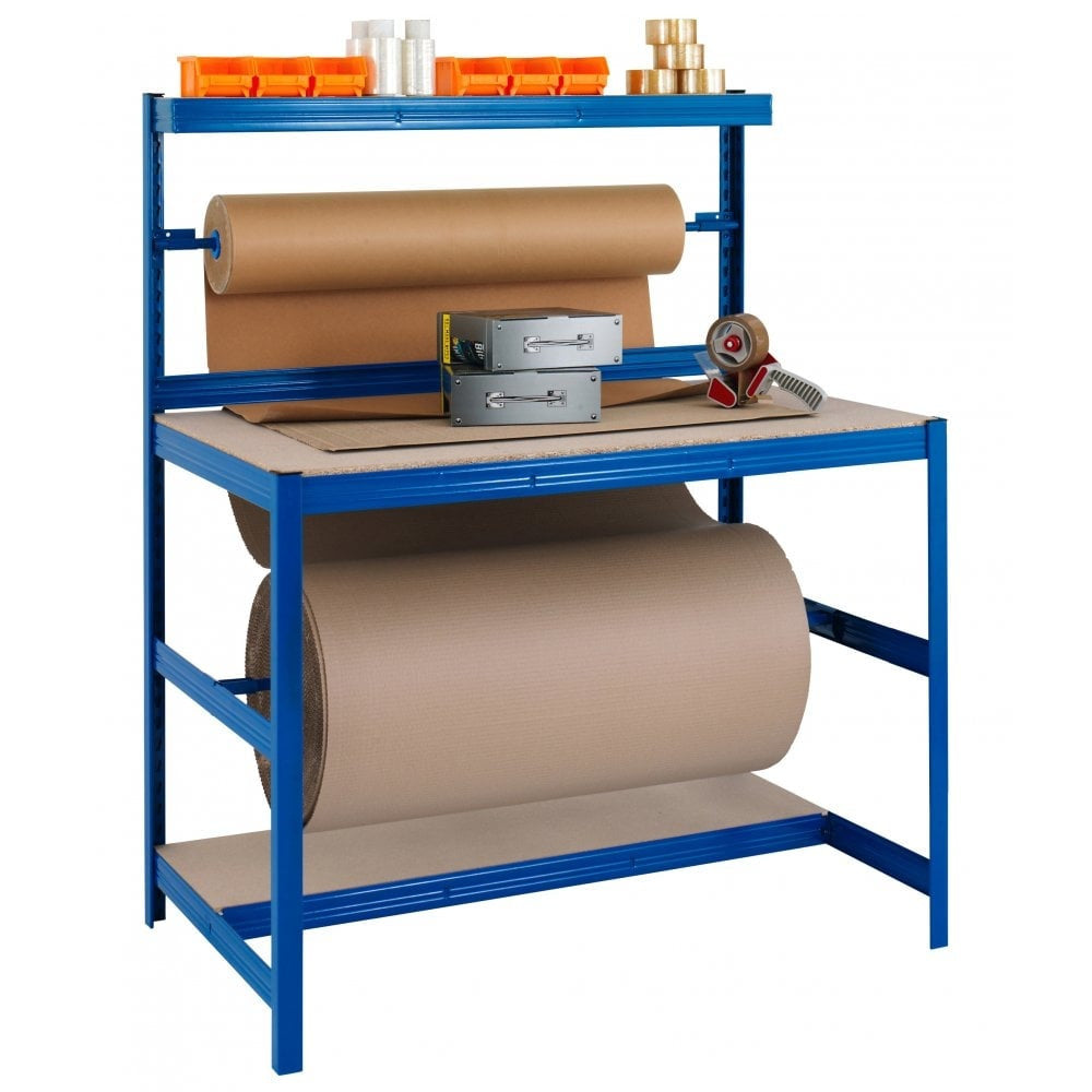 Blue Packing Bench With Chipboard Shelves, 2x Reel Bars - Up To 300kg UDL