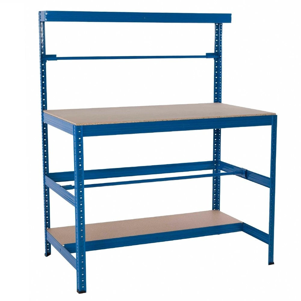 Blue Packing Bench With Chipboard Shelves, 2x Reel Bars - Up To 300kg UDL